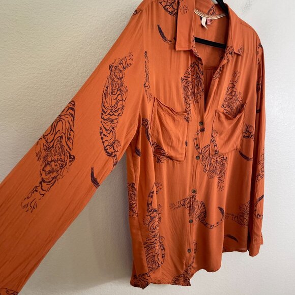 Pilcro Womens XL Rust Orange Tiger Print Button Up Blouse Long Sleeve Shirt - Picture 10 of 13